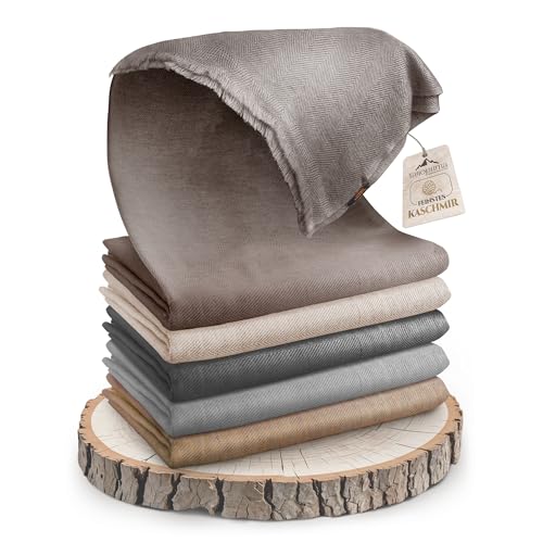 Cashmere Blanket – Hand Woven 100% Pure Wool Throw Blanket, 135 x 270 cm – Fine Herringbone Pattern Cozy, and Soft Blanket for Bed, Sofa, or Couch - Made in Nepal - color: Grey Brown