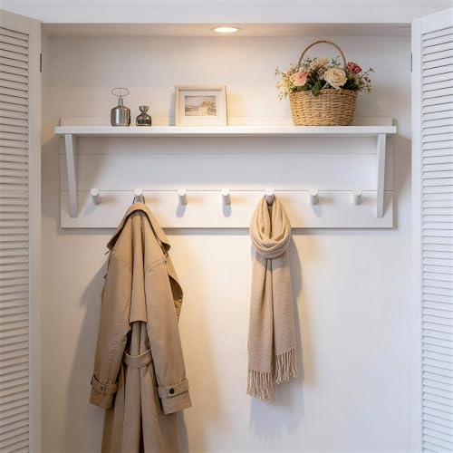 WEBI Coat Rack Wall Mount with Shelf,30" Long Entryway Wall Shelf with Hooks Underneath,7 Peg Hooks for Hanging Coats,Caps,Jacket,Clothes,White - color: White, size: 30 Inch