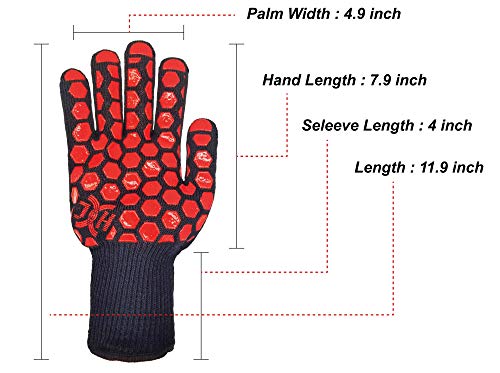 J H Heat Resistant Oven Glove:EN407 Certified 932 °F, 2 Layers Silicone Coating, Oven Mitts for Cooking, Kitchen, Fireplace,Camping, Grilling (Black/Red, Regular Cuff) - color: Black/Red, size: Regular Cuff