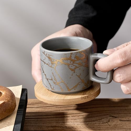 LUKA Porcelain Espresso Cup with Saucer and Metal Stand, 4 Ounce Stackable Ceramic Demitasse Espresso Mugs Cups Set for Latte, Specialty Coffee Drinks, Cafe Mocha,Tea - Set of 4, Gray - color: Gray