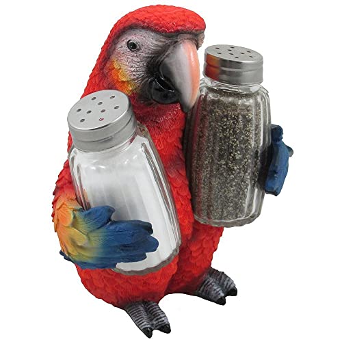 Tropical Parrot Glass Salt and Pepper Shaker Set with Holder Figurine for Beach Bar or Restaurant & Nautical Kitchen Table Decor or Decorative Macaw and Bird Sculpture Spice Rack Gifts