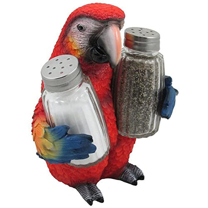 Tropical Parrot Glass Salt and Pepper Shaker Set with Holder Figurine for Beach Bar or Restaurant & Nautical Kitchen Table Decor or Decorative Macaw and Bird Sculpture Spice Rack Gifts