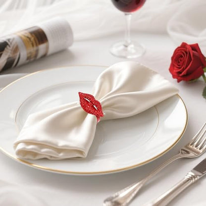 Valentines Day Napkin Rings Set of 6 Red Rhinestone Lip Napkin Ring Holders for Western Wedding Party Bridal Shower Anniversary Dinner Girl Birthday Family Gatherings Dining Table Decor - style: ERW69