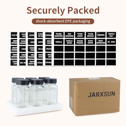 6 Spice Jars with Labels,4oz Empty Glass Spice Containers with Shaker Lids,Square Seasoning Bottles for Spice Rack, Drawer, Cabinet (6)