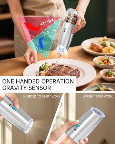 CIRCLE JOY Rechargeable Gravity Electric Salt and Pepper Grinder Set, Stainless Steels Salt and Pepper Mills with LED Light, No Battery Needed, Adjustable Coarseness, Washable 135ml Container, Silver - color: Stainless Steel Set, size: KYMQ + Rechargeable
