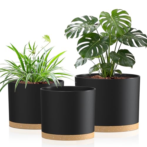 10/9/8 Inch Plant Pots 3 Pack, with Drainage Hole & Saucers | Cylindrical plastic planters with drainage holes & saucers. Modern matte finish, lightweight & durable for indoor/outdoor use - color: Matte Black&brown