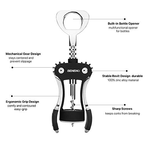 Beneno Wine Opener, Premium Wing Corkscrew Wine Bottle Opener, Black | Durable Solid Zinc Alloy Body, Precise Sharp-Edged Screw, Ergonomic Non-Slip Grip Wing Handle, Multifunctional Bottle Openers - color: Black