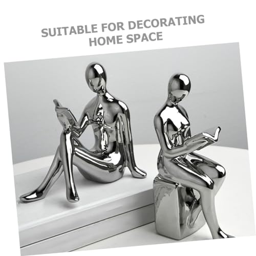 Modern Ceramic Silver-Plated Bookends Pair Decorative Reading Figurines for Home Office Aesthetic Desk Decor Unique Shelf Decorations for Living Room