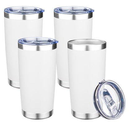 20oz Tumbler with Lid Double Wall Vacuum Insulated Travel Coffee Mug Stainless Steel Thermal Cup Powder Coated Sturdy Coffee Tumbler Bulk for Hot and Cold Beverage (White,4) - color: White, size: 20 Ounces (4 Pack)