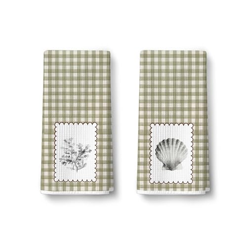 2 Pack Vintage Green Checkered Hand Towels for Bathroom - Coral Seashell Waffle Bath Hand Towel Decorative for Kitchen Towels, Sea Beach Ocean Coastal Kichen Bathroom Decor, Beach Gifts for Women114 - color: Ccolor012
