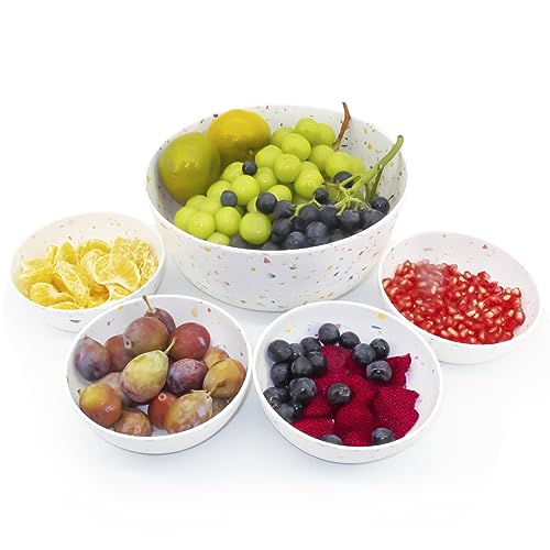 ECOWAY Melamine Salad Bowl, Bamboo Fiber Salad Bowl Large with 4 Small Serving Bowls and Bamboo Lid Cutting Board with Handle and Silicone Seal Ring Perfect for Storage Salad Foods(Spots,9.8 Inches) - color: Multicolor with serving bowls