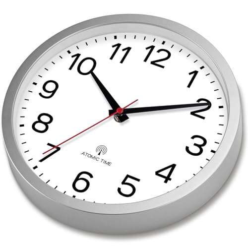AKCISOT 12 Inch Wall Clock, Silent Battery Operated Analog Clock, Silver | Atomic | Office | Kitchen | Living Room | Classroom | Easy-to-read Numbers - color: Atomic_silver White, size: 12 Inch