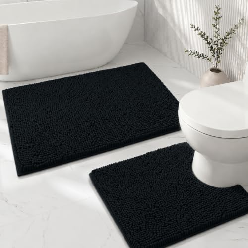Bathroom Rugs Sets 2 Piece,Super Absorbent Soft,Thick,Machine Washable Chenille Bath Mat,Non Slip Toilet Floor Rug,Bath Mats for Bathroom,20x32 Plus 20x20 U Shape,Black - color: Black, size: 1'8" x 2'8" (20x32''+20x20''U shape)
