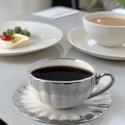 CHANJOON 6 Teacups Tea Tray Spoon Set, 6oz with Galvanized Gold Rim and Gift Box, Ceramic White English Coffee Teacup (silver, medium) - color: Silver, size: medium