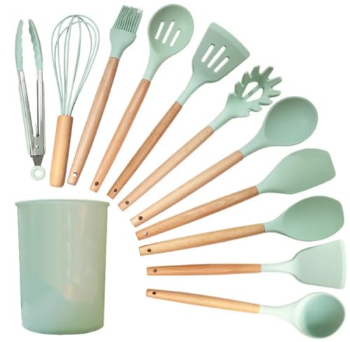 11 Piece Silicone Kitchen Utensil Set with Holder Heat Resistant Non Stick Cooking Tools with Wooden Handles Spatula Spoon Pasta Server Tongs Whisk Brush Black (Mint Green) - color: Mint Green