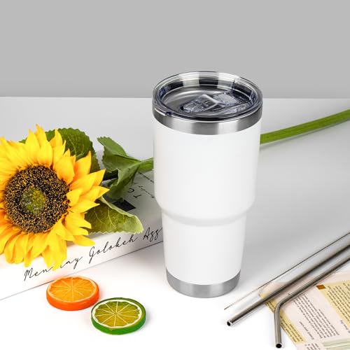 30 oz Tumbler with Lids and Straws Double Wall Insulated Tumbler Cup,Stainless Steel Leak-proof Thermal Coffee Tumbler Powder Coated Travel Mug for Cold and Hot Beverages,White - color: White, size: 30 Ounces