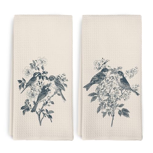 Boho Bird Beige Kitchen Towel and Dish Towel Set of 2, Gift for Birds Lovers, Farmhouse Floral Decor Hand Towels, Retro Animal Decorative Hand Dish Tea Towels for Bathroom Kitchen, 16x24 in - color: Bird Beige