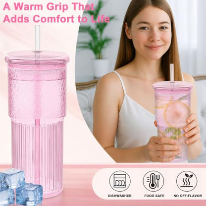 Luiaiog Glass Cups with Lids and Glass Straws, High Borosilicate 20OZ Pink Tumblers (2Pcs) for Coffee, Tea, Juice, Smoothies, Hot & Cold Drinks at Home/Office - color: Pink 2pcs 20oz