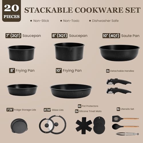 Nonstick Pots and Pans Set - 20 Pack KIKCOIN Stackable Cookware Set with Detachable Handle, RV Kitchen Cooking Set with Removable Handles - Oven Safe, Induction Ready (Black) - color: Black, size: 20 Pack