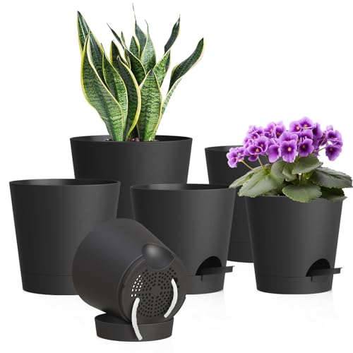 WSMKSZ 7/6.5/6/5.5/5/4 inch Self Watering Pots for Indoor Outdoor Plants, 6 Pack Plastic Flower Planters with Drainage Holes and Removable Saucers, Plant Pots with Wicking Rope, Modern Decor, Black - color: Black, size: 7+6.5+6+5.5+5+4inch 6pcs
