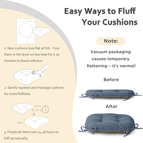 ELFJOY Dining Chair Cushions Set of 2 Non Slip 18"X18"X3" Light Blue | Thick,Textured Fabric, with Ties, Tufted, Large, for Kitchen, Dining Room, Indoor, Bedroom, Living Room, Office, Comfortable - color: Light Blue
