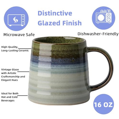 Ceramic Coffee Mugs, 16oz Large Pottery Tea Cup Mug with Handle, Wide Bottom, Transmutation Glaze Craft, Dishwasher & Microwave Safe for Home and Office (Green) - color: Green