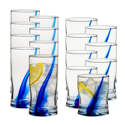 Blue Ribbon Tumbler & Rocks Drinking Glasses Set of 16, Dimpled Cups | 16.75 oz and 12.5 oz Capacities for Water, Juice, Cocktails, and More with Blue Ribbon Design and Dishwasher-Safe Cleanup - color: 02 - Blue Ribbon