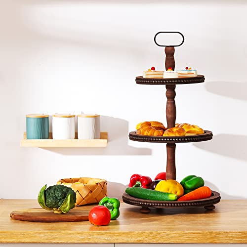Urban Deco Wooden Tiered Tray 3-Tier Decorative Tray Stand Farmhouse Serving Tray, Round Wooden Cupcake Display Stand with Metal Handle, Brown Tiered Fruits Tray for Home Party Decorations - style: 3 tier-brown