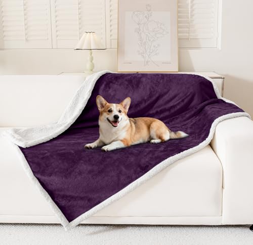 Smiry Waterproof Blanket Throw, Reversible Dog Blanket for Sofa Couch Bed | Soft Leakproof Sherpa Fleece, Washable Furniture Couch Protector for Large Dogs Cats, 40"x60", Dark Purple/White - color: Dark Purple/White, size: 40"x60"