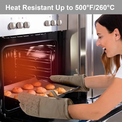 KEGOUU Oven Mitts and Pot Holders 6pcs Set, Kitchen Oven Glove High Heat Resistant 500 Degree Extra Long Oven Mitts and Potholder with Non-Slip Silicone Surface for Cooking (Khaki) - color: Khaki