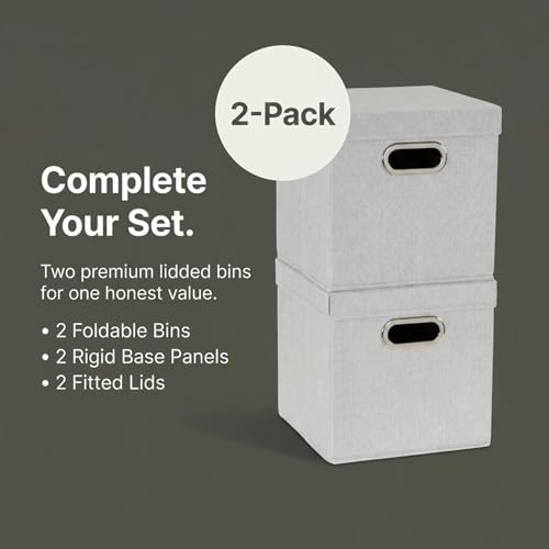 Household Essentials 804-1 Café Cube Bin Storage Set with Lids and Handles | 2 Pack | Silver Linen - size: (Pack of 2)
