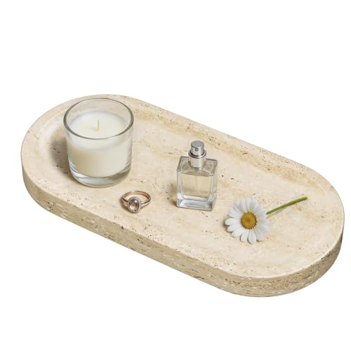 Decorative Trays with Natural Patterns,9.8x4.7x0.7in,Travertine | Pure Marble Vanity Tray with Anti Slip Foot Pads, Polishing Pallet,Elliptical Stone Bathroom Organizer,Platter for jewelry - color: Travertine