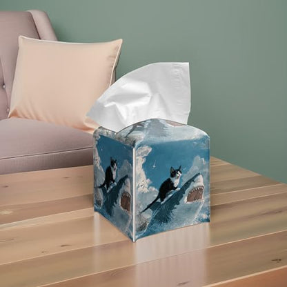 Funny Cat Shark Tissue Box Cover, 5.2 Inch PU Leather Square Holder | PU leather tissue box cover with funny cat shark design, hand-stitched detail, and removable liner for home or office. - color: Cat Shark