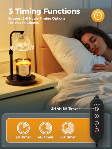 Candle Warmer Lamp with Timer - Adjustable Height for Jar Candles | Metal and glass candle warmer with 4 brightness levels, 2/4/8-hour timer, adjustable 7.08-11.1 in pole and two 50W bulbs - color: Flower Candle Warmer Lamp