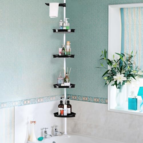 Takywep Corner Shower Caddy Tension Pole, Rust-Proof Bathroom Storage Organizer With 4-Tier Adjustable Shelves, Corner Shower Shelf With Rubber Pad, 101.6 Inch-122 Inch Height, Black & White - color: Black & White