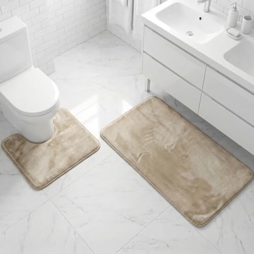 Muddy Mat® Memory Foam Bath Mat Set 2 Piece – Velvet Soft Non Slip Bathroom Rugs Set, Thick Absorbent Washable Bath Mats for Bathroom Floor and Shower, Beige 20"x30" + 20"x20" U-Shaped - color: Beige