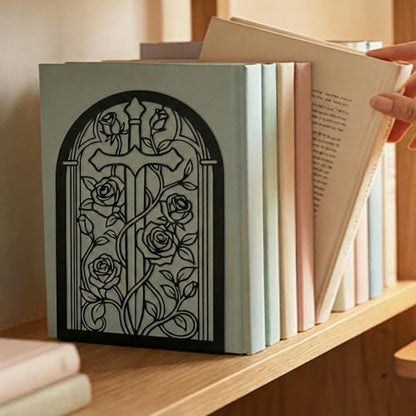 Bookends for Shelves, 2 Pcs Rose Flower Sword Design Book Ends Metal Decorative Bookends for Home Office and Library, Black - style: Rose and Sword