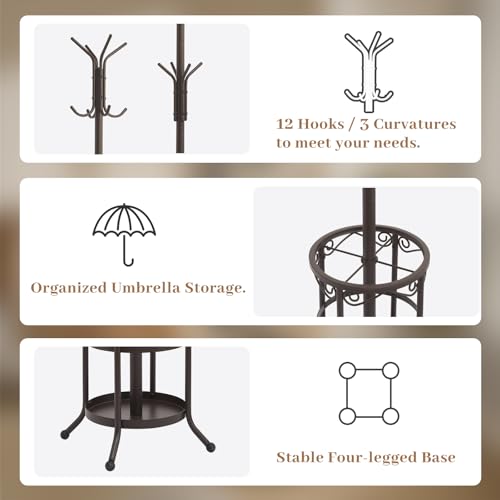 Coat Rack Freestanding With Umbrella Holder – Metal Hall Tree with 12 Hooks, Entryway Organizer for Hats, Bags, and Clothes (Brown) - color: Brown