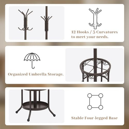 Coat Rack Freestanding With Umbrella Holder – Metal Hall Tree with 12 Hooks, Entryway Organizer for Hats, Bags, and Clothes (Brown) - color: Brown