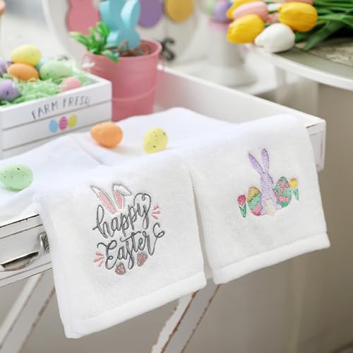 Easter Hand Towels 100% Cotton Embroidered Happy Easter Bunny Decorative Bathroom Kitchen Dish Towels Set Gift Set of 2 14x29 inch - color: Est.gnome
