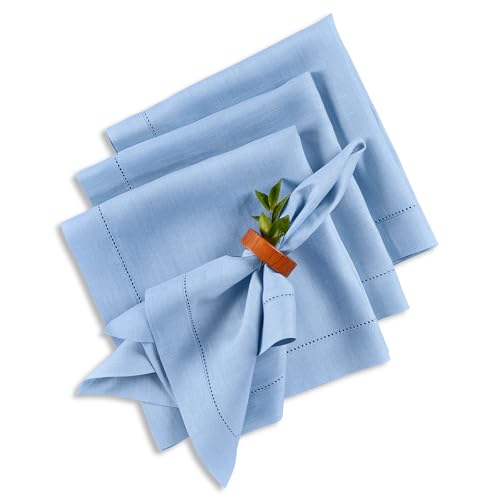 Solino Home 100% Pure Linen Napkins Cornflower Blue, 20 x 20 in, Set of 4 | Classic Hemstitch Cloth Napkins for everyday meals and hosting, hand hemstitched borders, artisan crafted, OEKO-TEX Certified - color: 10: Cornflower Blue, size: 20" x 20" (Set of