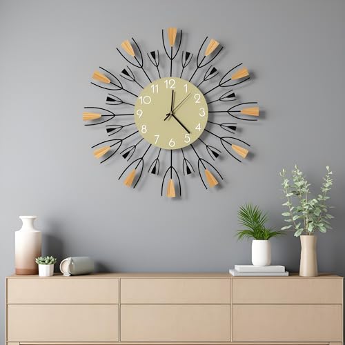 24 Inch Large Modern Mid Century Sunburst Wall Clock | Decorative Silent Non-Ticking Battery Operated Metal Analog Clocks for Living Room, Entryway, Bedroom, Office - color: E1 - Wood Sunburst Shape