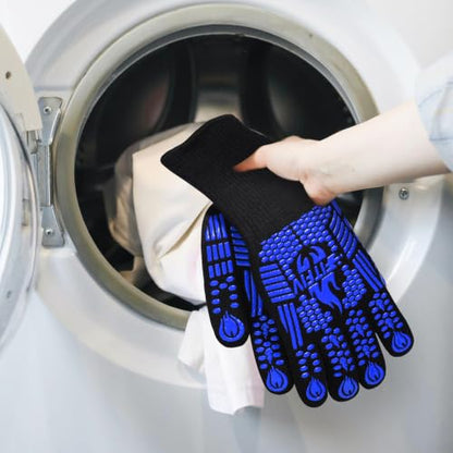 BBQ Gloves, 1472°F Heat Resistant with Silicone Grip Oven Mitts | Non-Slip Grip, for BBQ, Grilling, Oven, Smoker, Cooking and Baking - color: Blue, size: Long (Glove L 13.78" × Palm W 6.33")