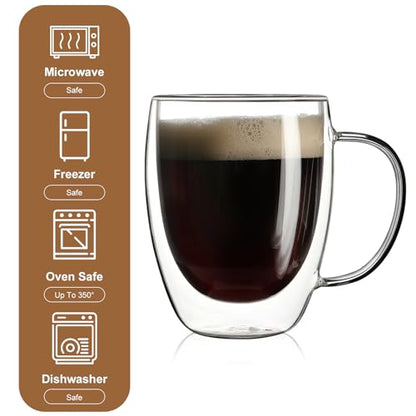 Aurzen 4 Pack Double Walled Glass Coffee Mugs with Handles, Large Insulated Layer Coffee Cups, Clear Borosilicate Mugs, Perfect for Cappuccino, Tea, Microwave Safe - color: 12oz4Pack