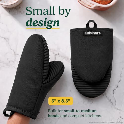 Cuisinart Mini Oven Mitts, 2-Pack 5"x8.5", Heat Resistant 500F | Compact pot holder for baking, air fryer, and cookware, silicone non-slip grip, hanging loop, fits either hand, wipes clean - color: Black