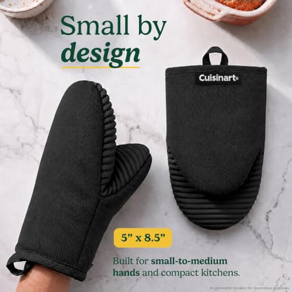 Cuisinart Mini Oven Mitts, 2-Pack 5"x8.5", Heat Resistant 500F | Compact pot holder for baking, air fryer, and cookware, silicone non-slip grip, hanging loop, fits either hand, wipes clean - color: Black
