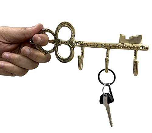 Beautiful Unique Solid Brass Old Key Big Shape Keys Holder Wall Mount Hanger Gold Color 3 Hooks Antique Collection Door and Wall Décor
