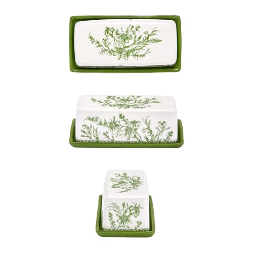 Bico Green Garden Toile De Jouy Ceramic Butter Dish with Lid, Wide Butter Keeper for Counter, Kitchen Countertop, Microwave and Dishwasher Safe - color: Green Garden Toile De Jouy