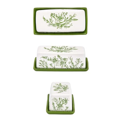 Bico Green Garden Toile De Jouy Ceramic Butter Dish with Lid, Wide Butter Keeper for Counter, Kitchen Countertop, Microwave and Dishwasher Safe - color: Green Garden Toile De Jouy