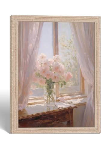 Vintage Flower Pink Window Canvas Wall Art Framed Home Decor 12x16 Inch | Ready to Hang Soft Pink Floral Window Scene painting Print Poster Picture Girls' Room Living Room Bedroom Bathroom Entryway - color: Vintage Flower 007, size: 16"L x 12"W